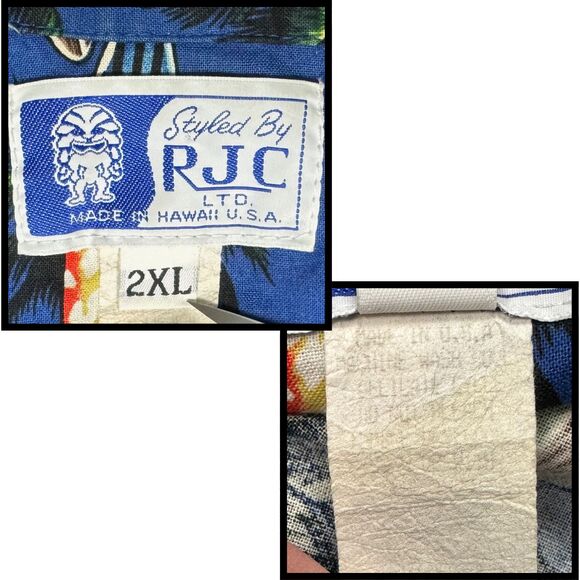 RJC Hawaiian Shirt Men Surfboard Tress All Over Print 2XL Blue Nautical Vtg USA - Picture 9 of 9